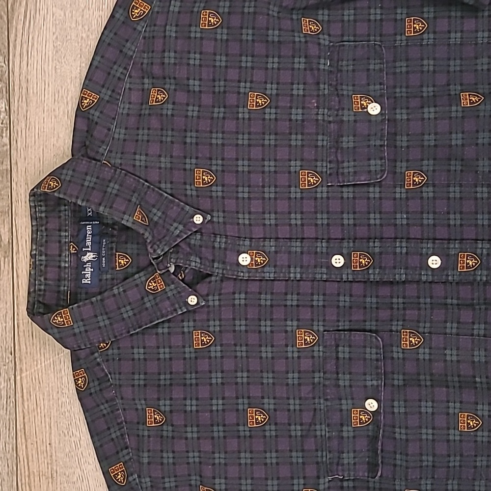RALPH LAUREN Crest Green Gold Plaid Cotton XXL Mens Long Sleeve Shirt 90s RARE - Picture 7 of 9